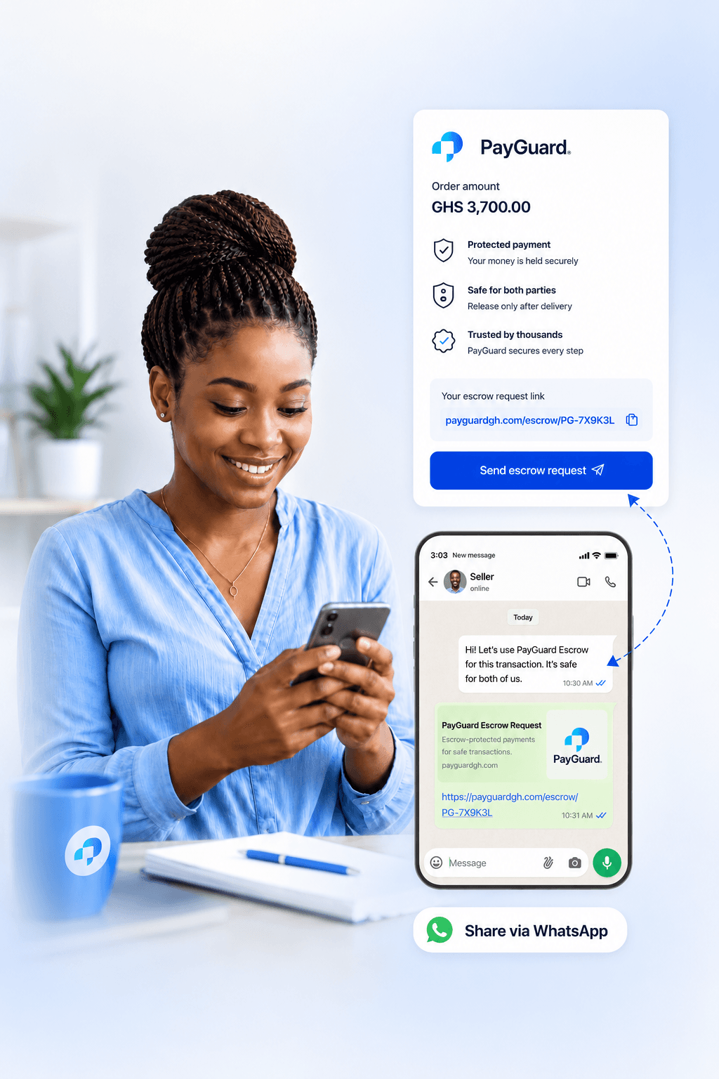 Buyer creating an escrow request and sharing it via WhatsApp