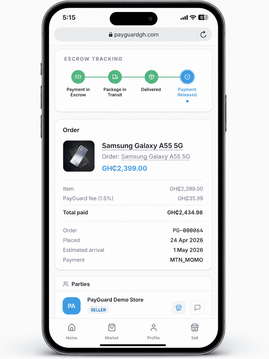 PayGuard order flow and escrow tracking preview